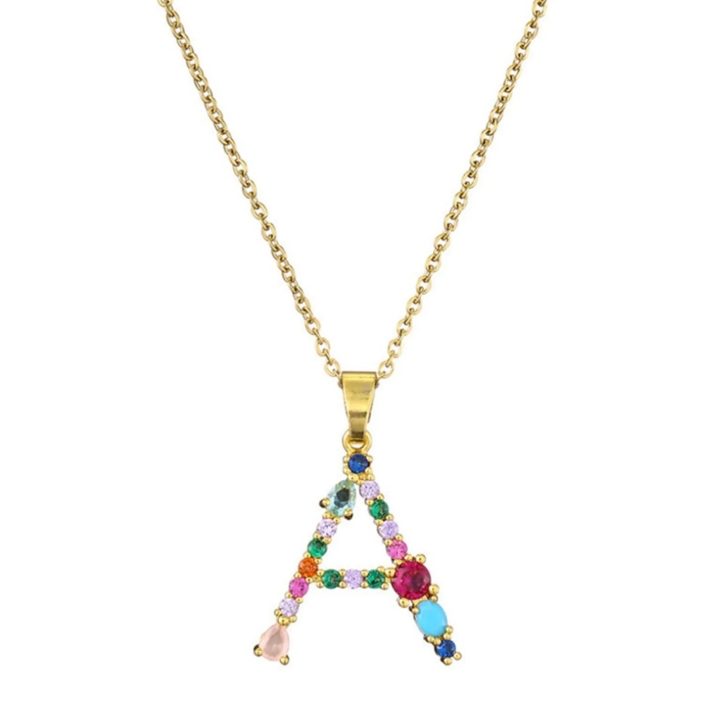 A Initial Pendant Necklace Multi-color Rhinestones Gold Tone Chain - Picture 13 of 16